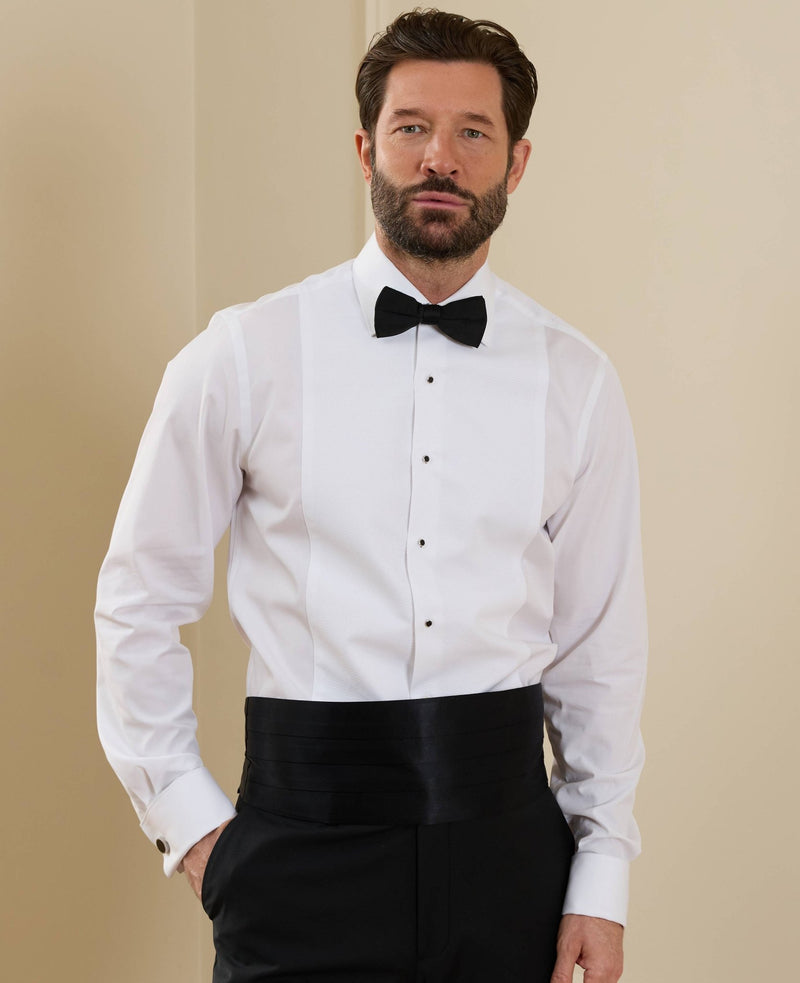 Men's White Marcella Bib Front Slim Fit Evening Formal Shirt With Double Cuffs model shot