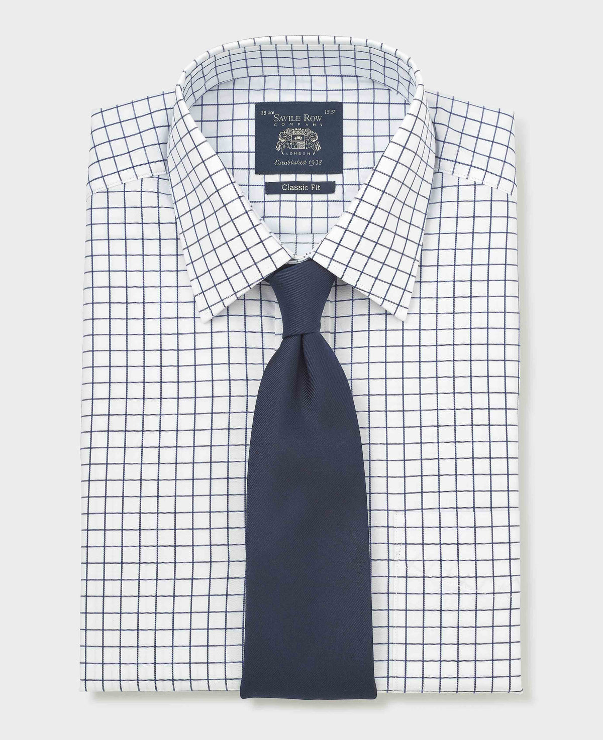 Men's White Navy Cotton Twill Window Check Classic Fit Formal Shirt With Double Cuffs folded shot