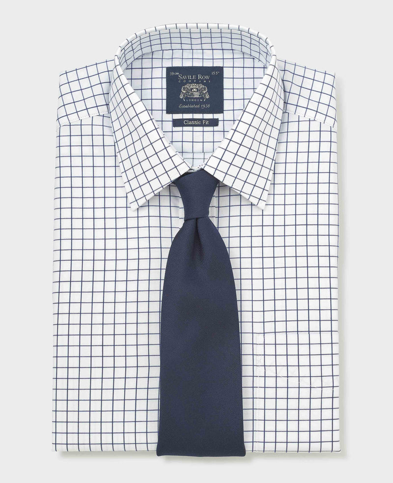 Men's White Navy Cotton Twill Window Check Classic Fit Formal Shirt With Double Cuffs folded shot