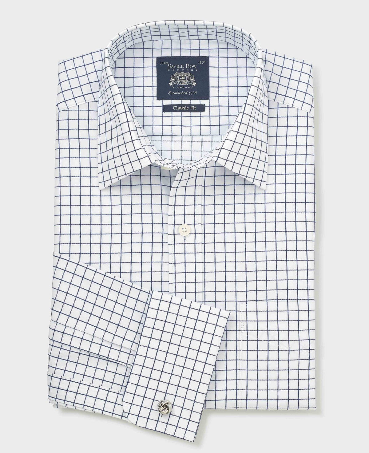 Men's White Navy Cotton Twill Window Check Classic Fit Formal Shirt With Double Cuffs folded shot