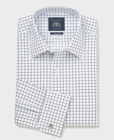 White Navy Cotton Twill Window Check Classic Fit Formal Shirt - Double Cuff