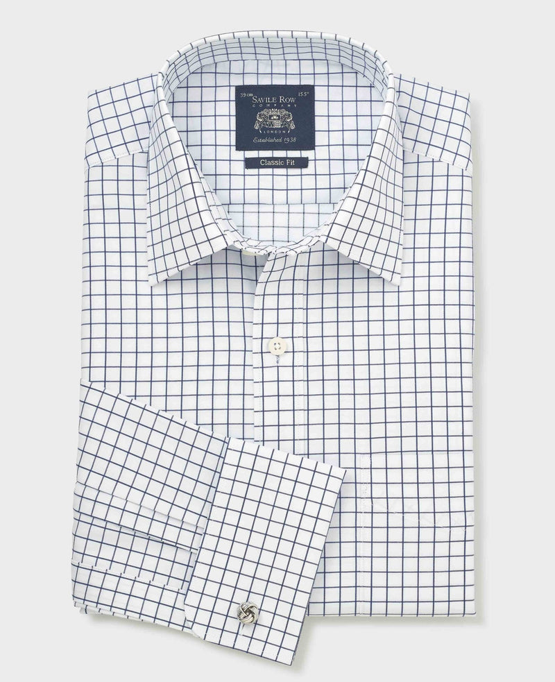 Men's White Navy Cotton Twill Window Check Classic Fit Formal Shirt With Double Cuffs folded shot