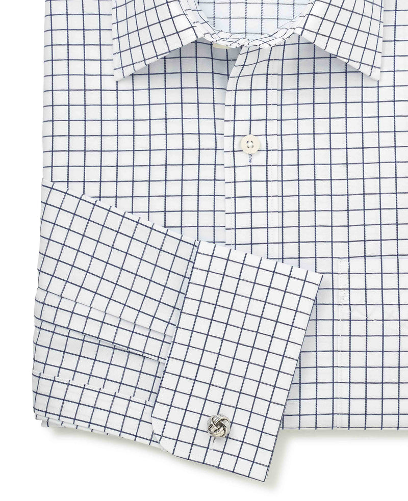 Men's White Navy Cotton Twill Window Check Classic Fit Formal Shirt With Double Cuffs sleeve detail
