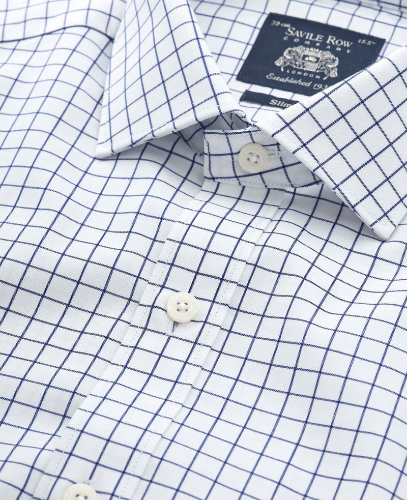 White Navy Cotton Twill Window Check Slim Fit Formal Shirt - Double Cuff