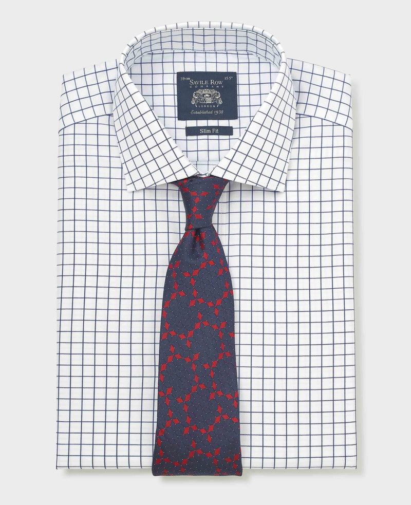White Navy Cotton Twill Window Check Slim Fit Formal Shirt - Double Cuff