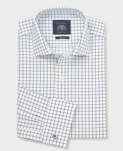 White Navy Cotton Twill Window Check Slim Fit Formal Shirt - Double Cuff