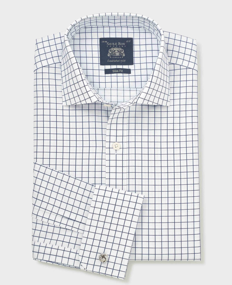 White Navy Cotton Twill Window Check Slim Fit Formal Shirt - Double Cuff
