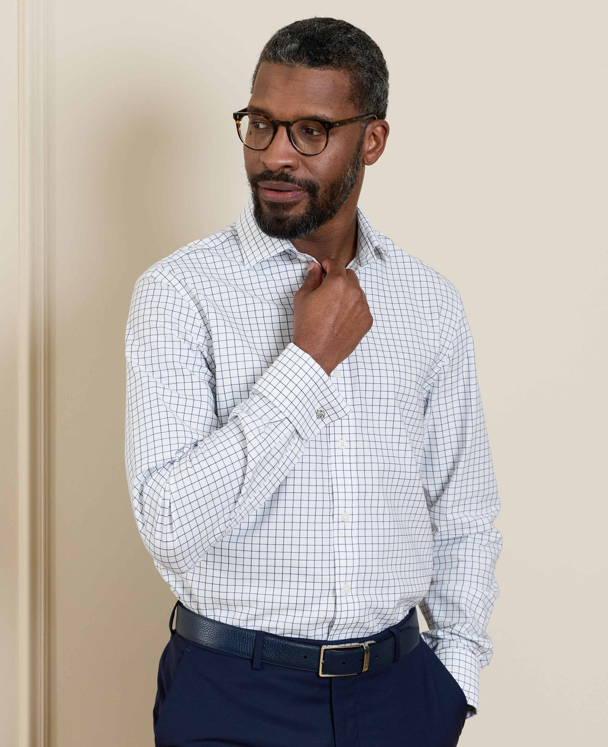Men's White Navy Cotton Twill Window Check Slim Fit Formal Shirt With Double Cuffs model shot