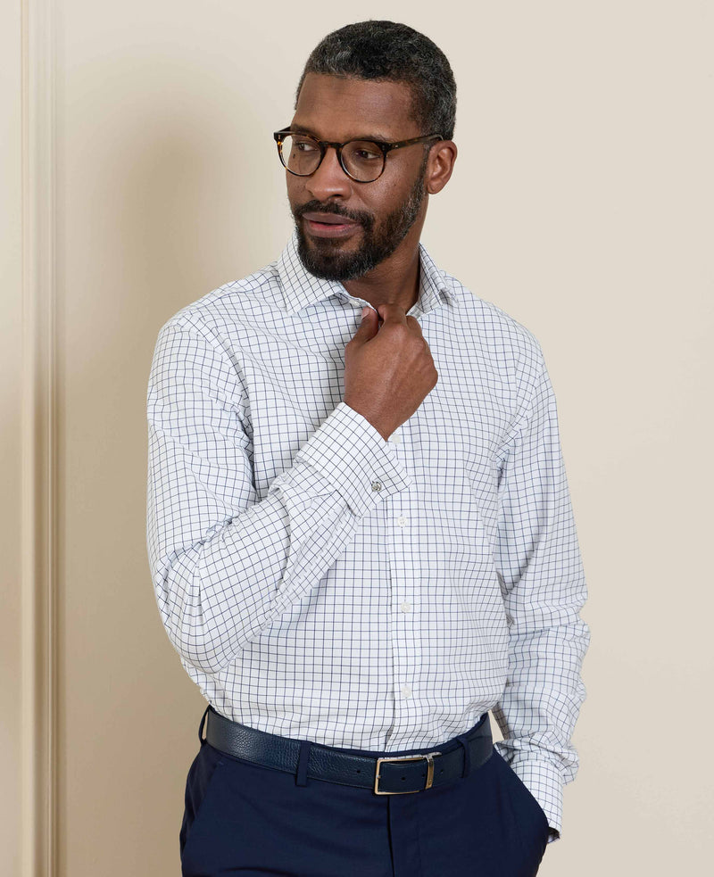 White Navy Cotton Twill Window Check Slim Fit Formal Shirt - Double Cuff
