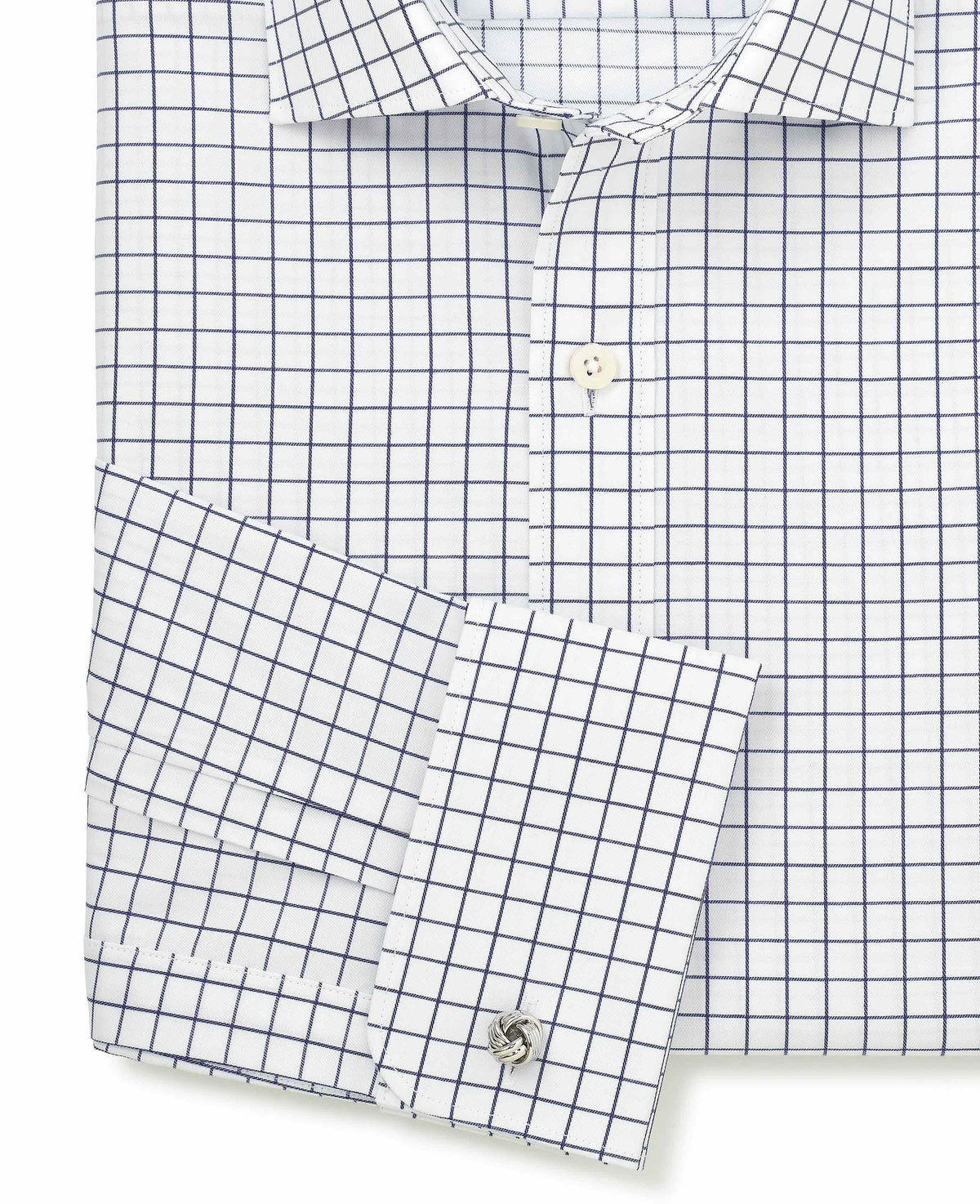 Men's White Navy Cotton Twill Window Check Slim Fit Formal Shirt With Double Cuffs sleeve detail