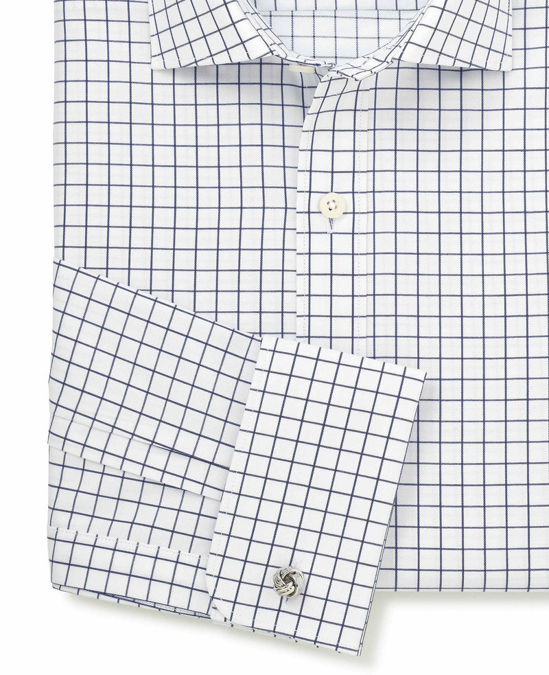 White Navy Cotton Twill Window Check Slim Fit Formal Shirt - Double Cuff