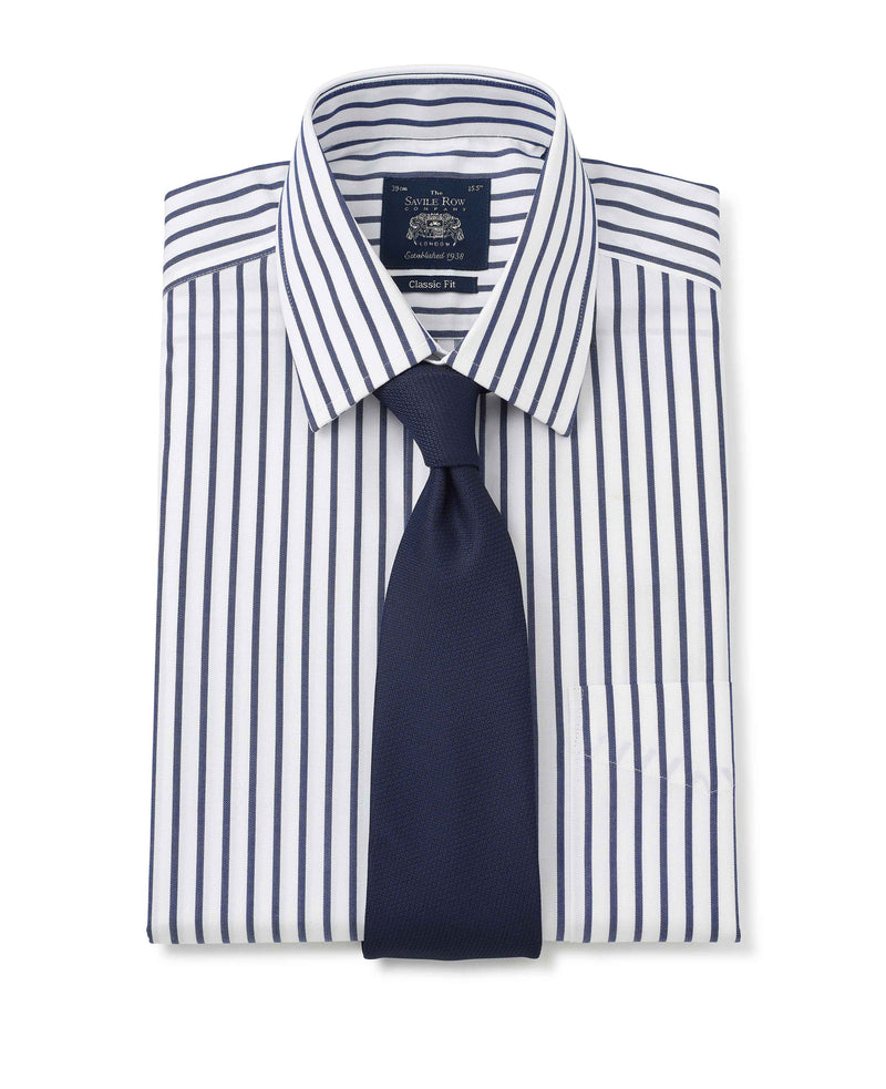 White Navy Stripe Classic Fit Non-Iron Shirt - Single Cuff