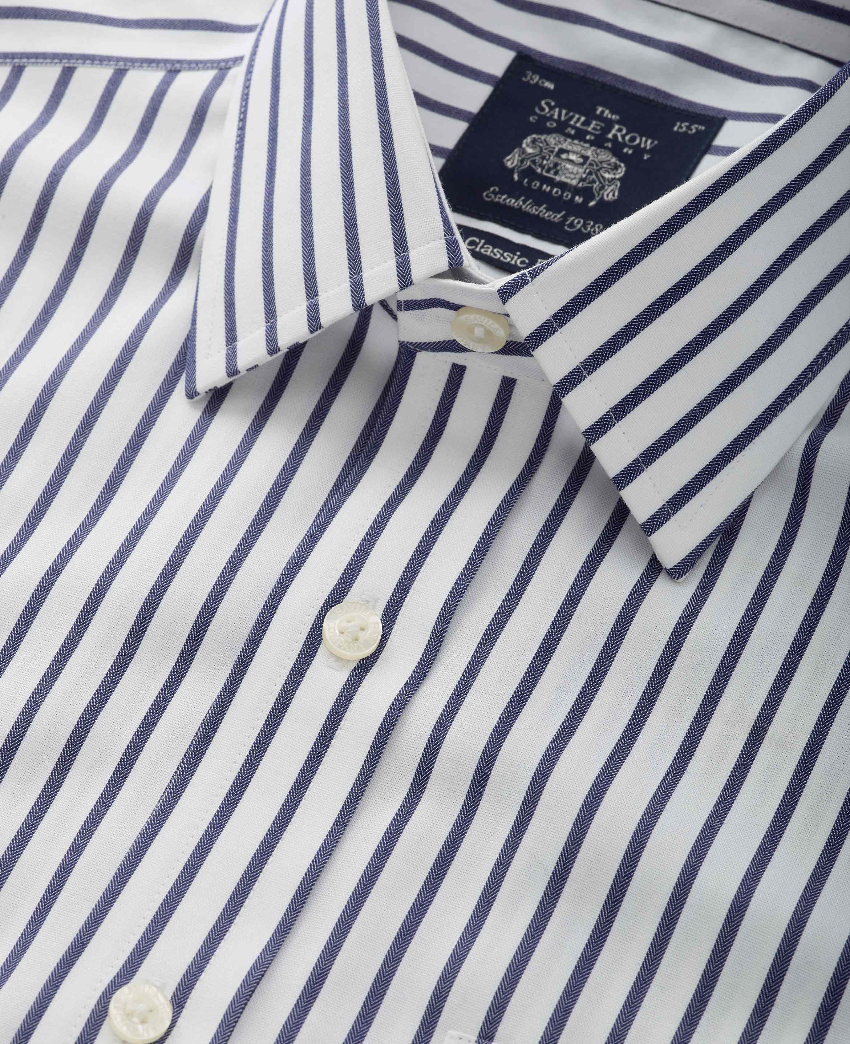 Men's White Navy Striped Cotton Classic Fit Non-Iron Formal Shirt