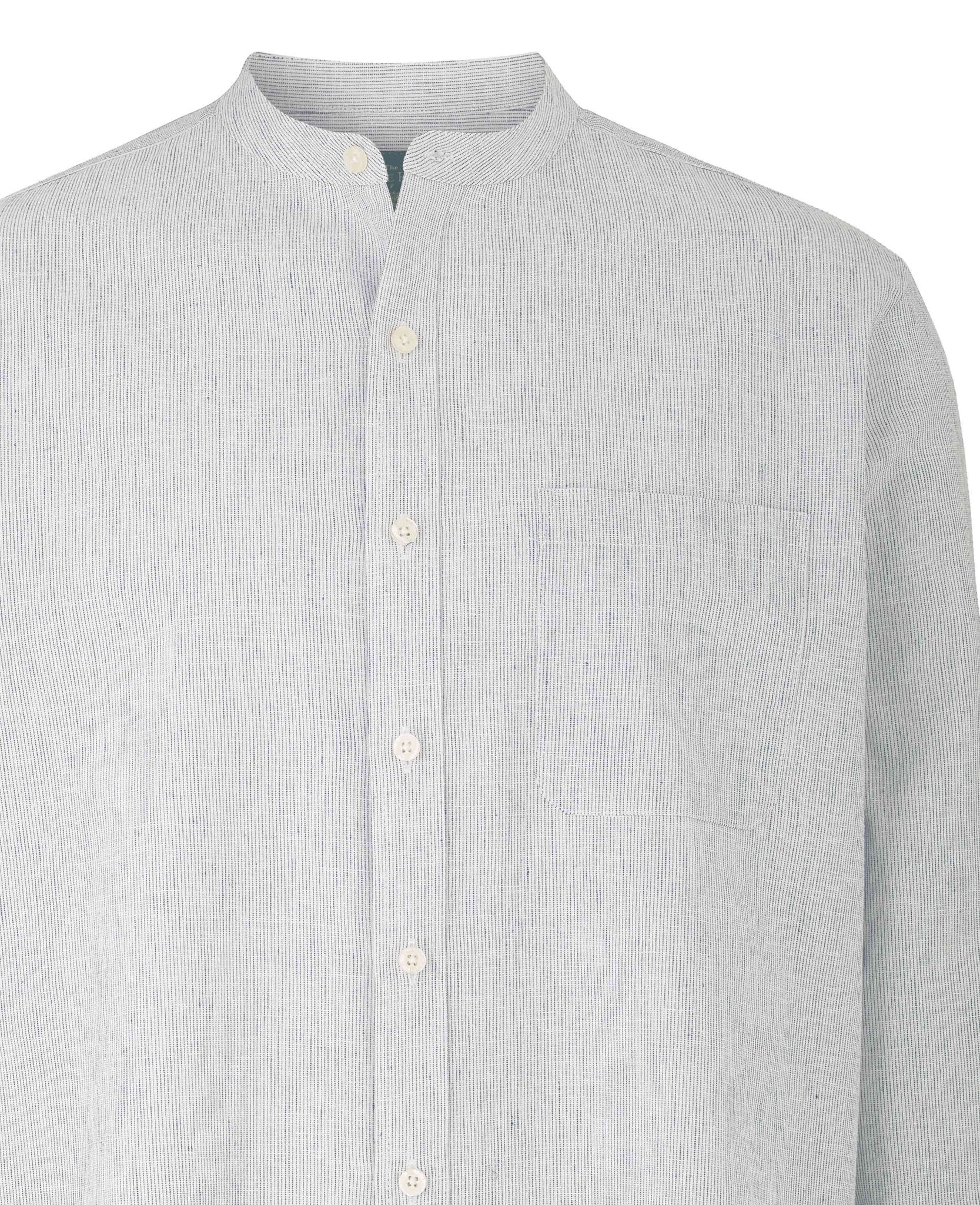 Men's White Navy Stripe Linen Cotton Blend Grandad Collar