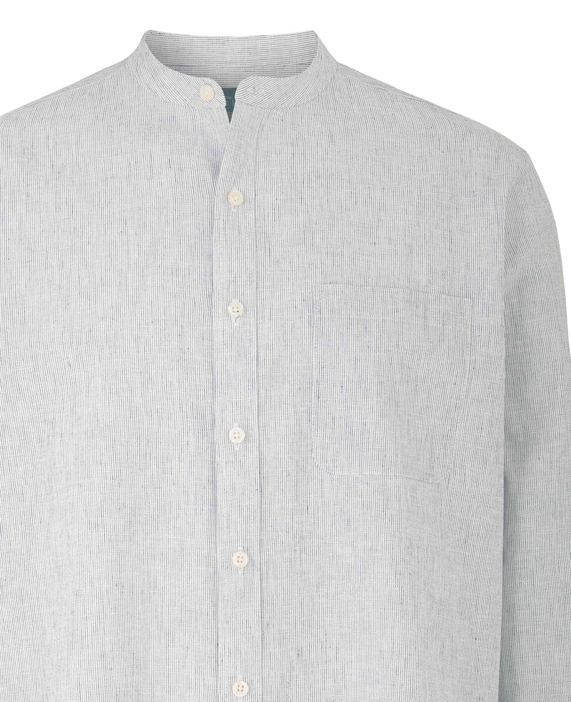 White Navy Stripe Linen-Blend Shirt - Chest Detail - 1392WHB
