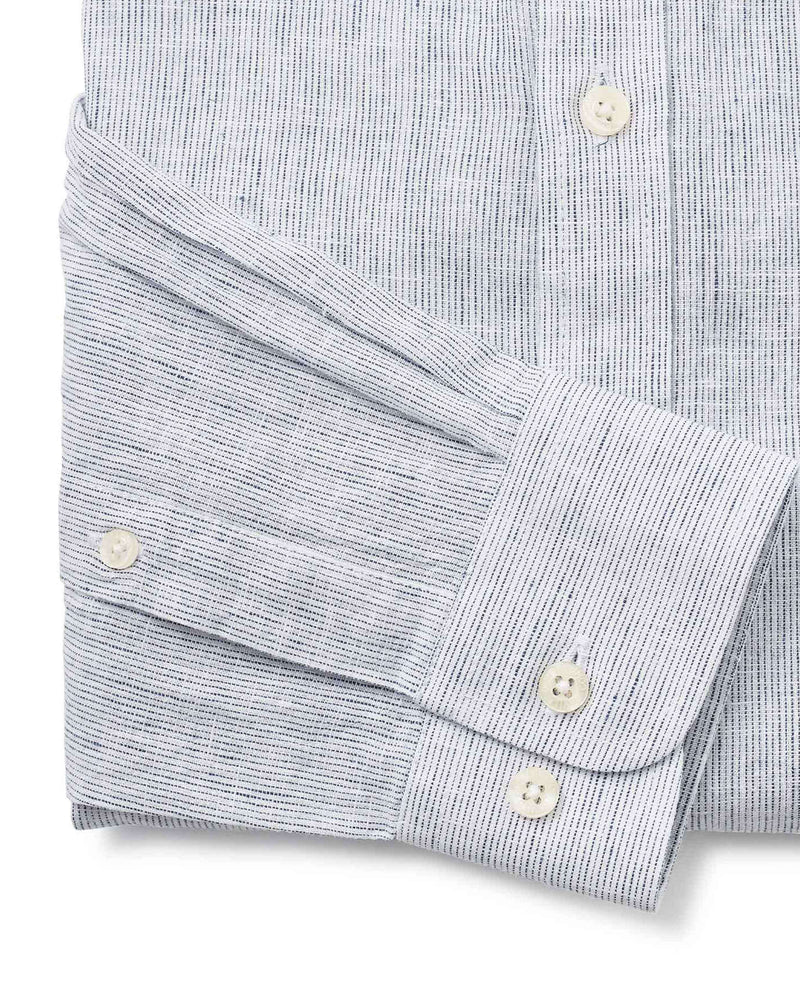 White Navy Stripe Linen-Blend Shirt - Cuff Detail - 1392WHB