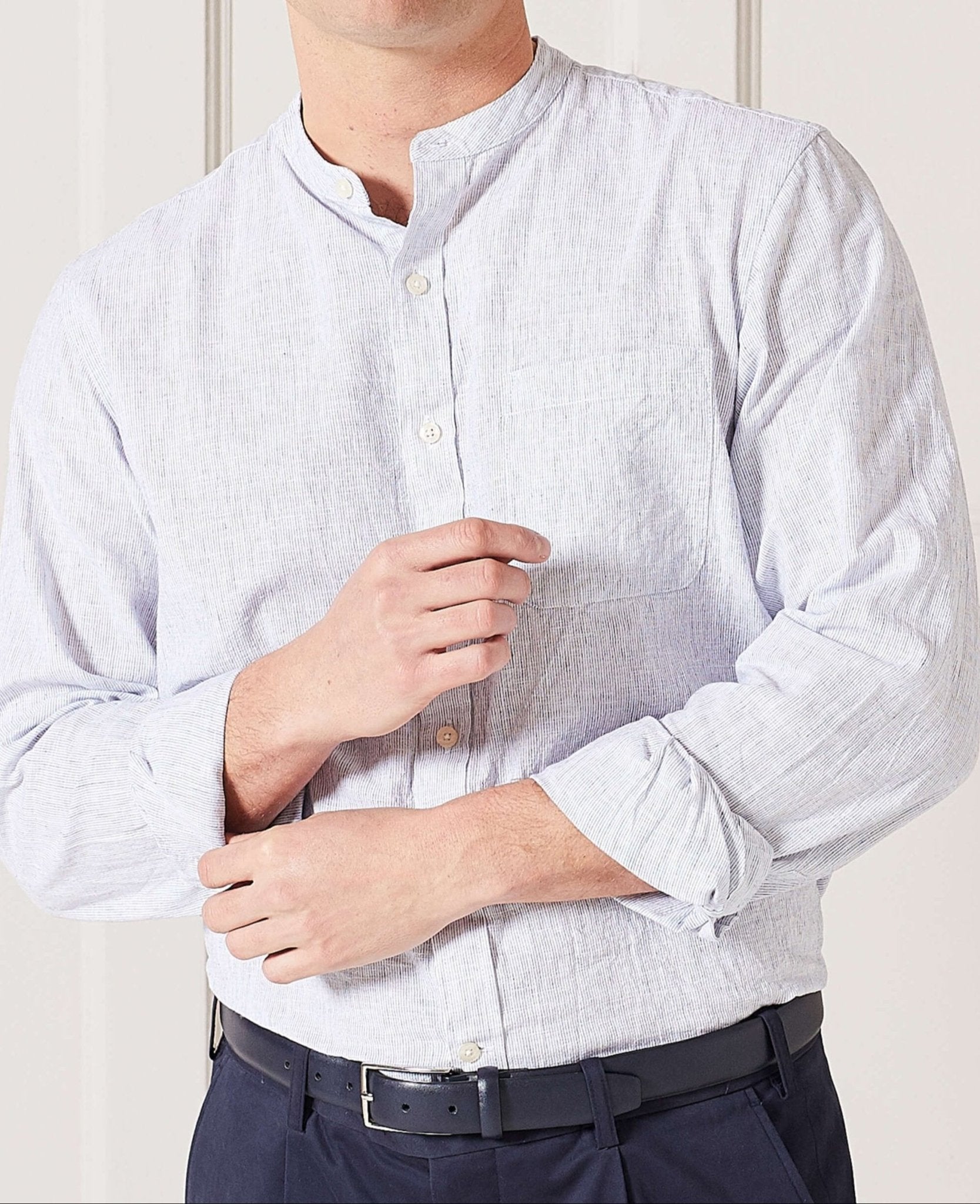 Men's White Navy Stripe Linen Cotton Blend Grandad Collar
