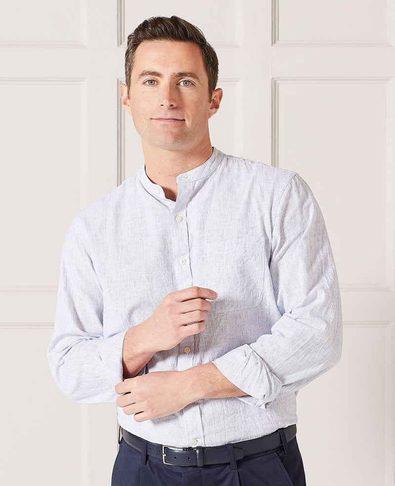 Men's White Navy Stripe Linen Cotton Blend Casual Shirt