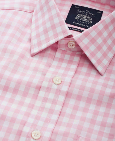 White Pink Gingham Check Classic Fit Shirt - Single Cuff