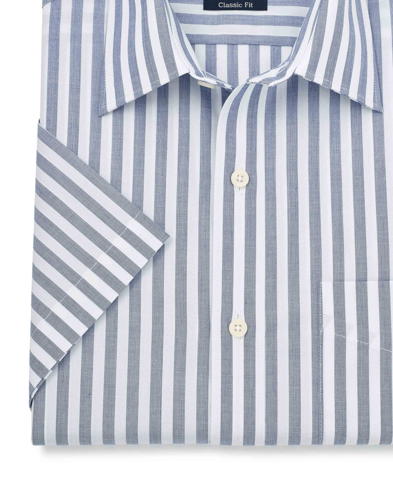 Navy White Classic Fit Short Sleeve Striped Shirt