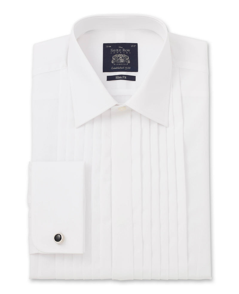 White Poplin Pleated Slim Fit Double Cuff Evening Shirt Folded Shot