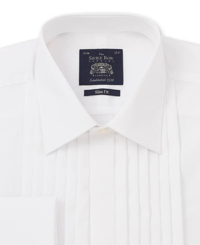 White Poplin Pleated Slim Fit Double Cuff Evening Shirt - 960WHT Collar Detail - Large Image