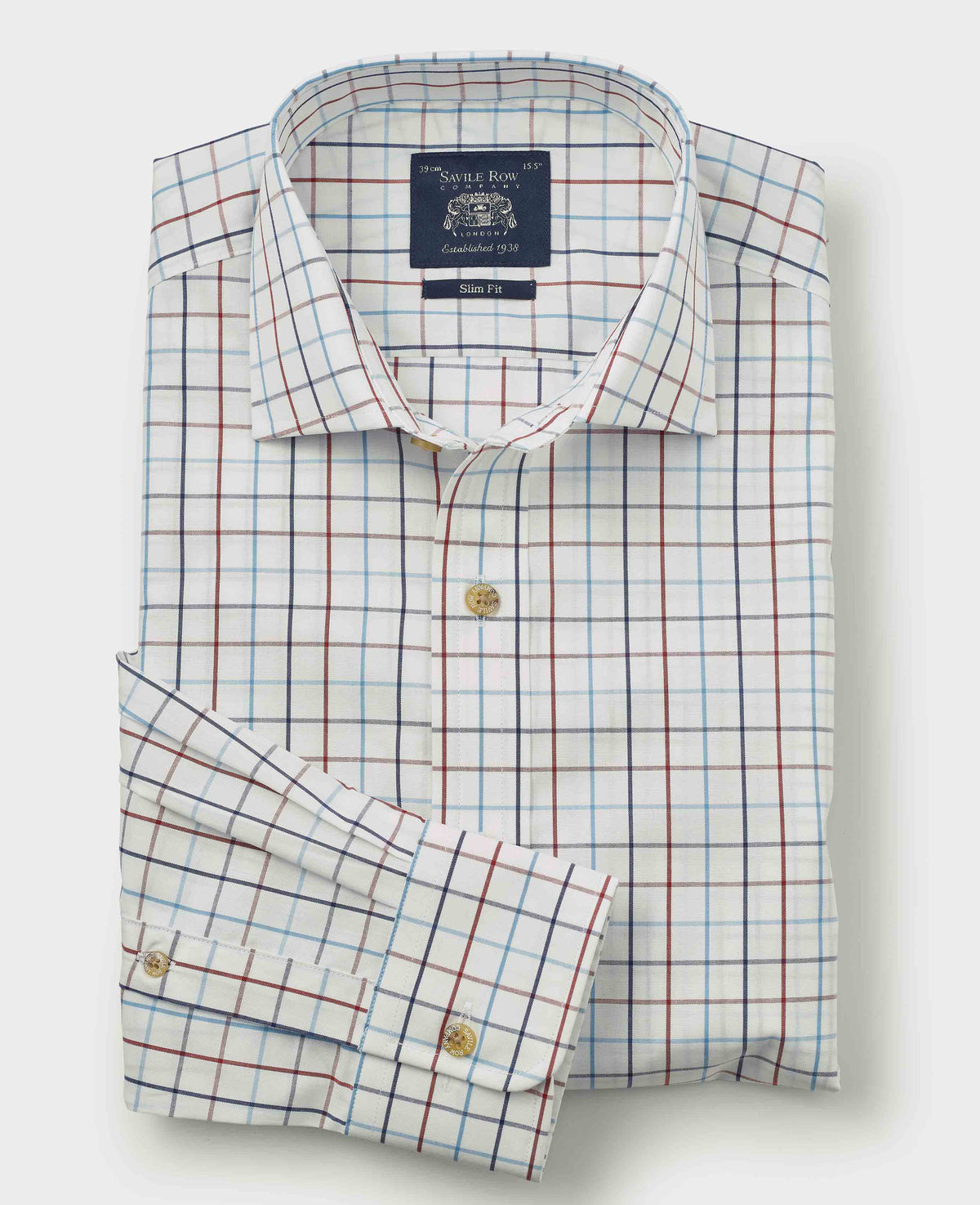 Men's White Red Cotton Tattersall Check Slim Fit Formal Shirt With Single Cuffs folded
