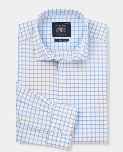 Men's White Sky Blue Stretch Cotton Slim Fit Check Smart Casual Shirt folded