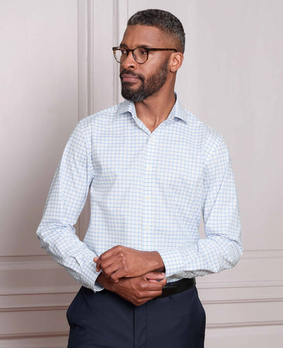 Men's White Sky Blue Stretch Cotton Slim Fit Check Smart Casual Shirt model image