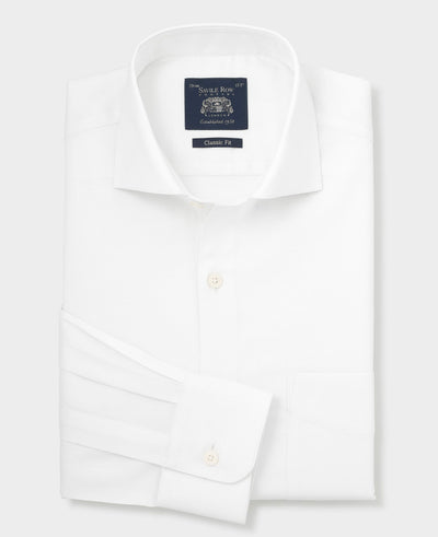 White Stretch Cotton Herringbone Classic Fit Formal Shirt - Single Cuff