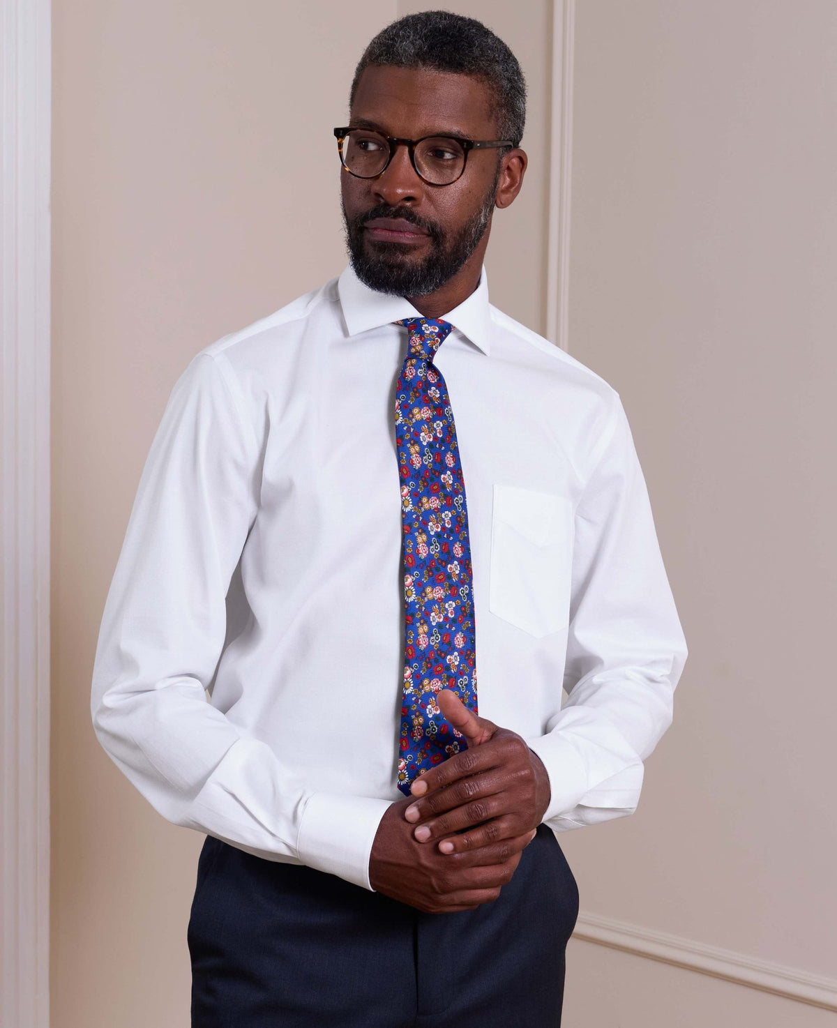 White Stretch Cotton Herringbone Classic Fit Formal Shirt - Single Cuff