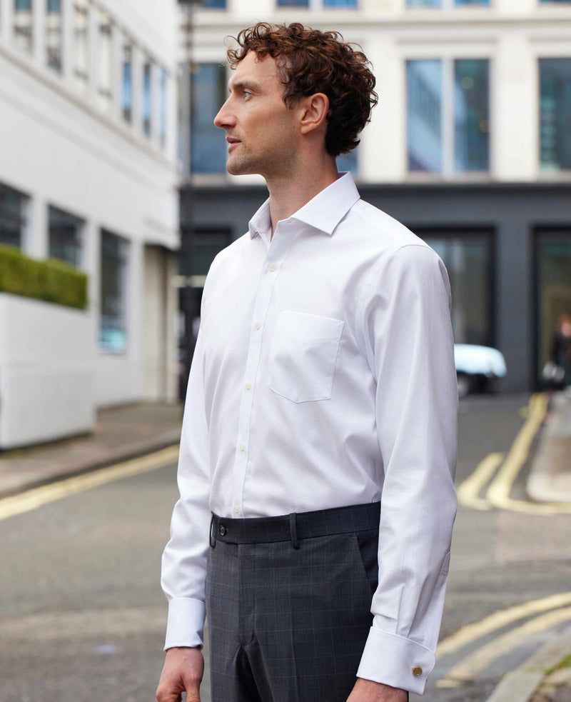White Textured Cotton Classic Fit Formal Shirt - Double Cuff