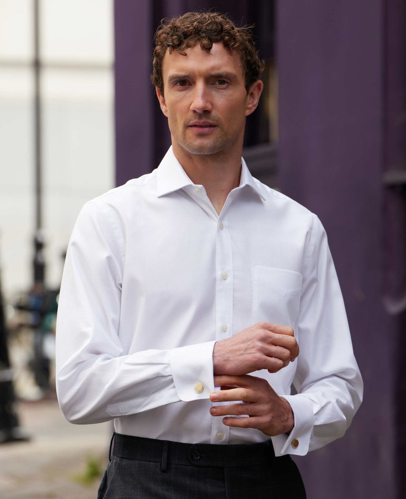 White Textured Cotton Classic Fit Formal Shirt - Double Cuff