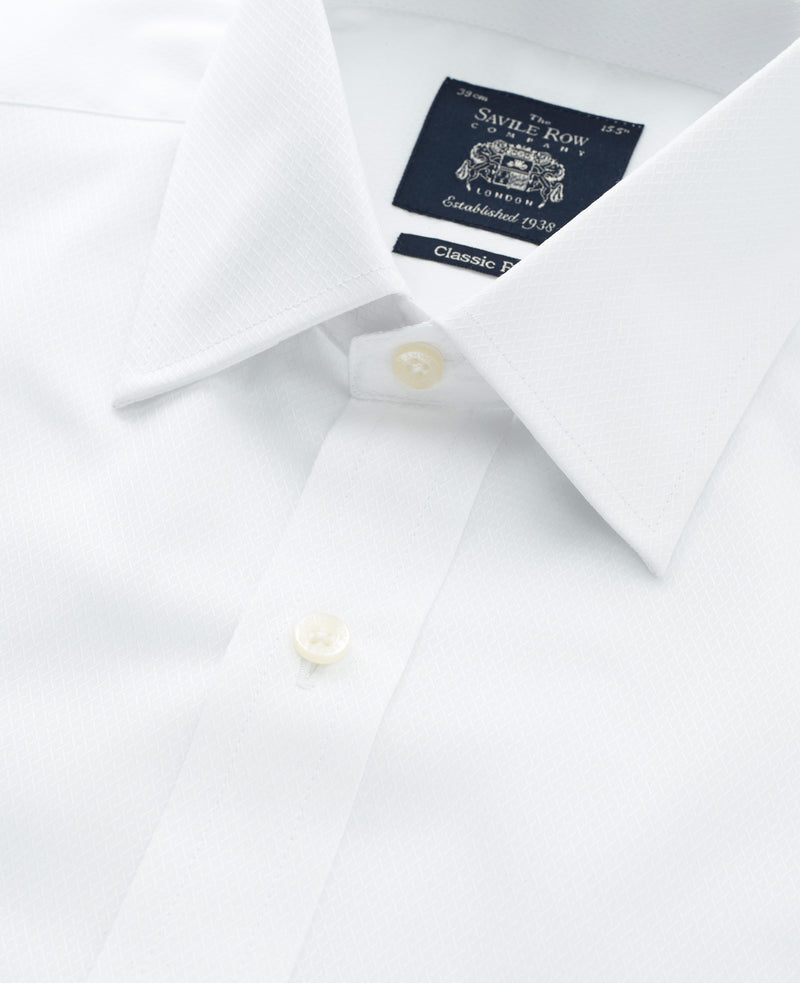 White Textured Cotton Classic Fit Shirt - Single Cuff - Collar Detail - 1376WHT