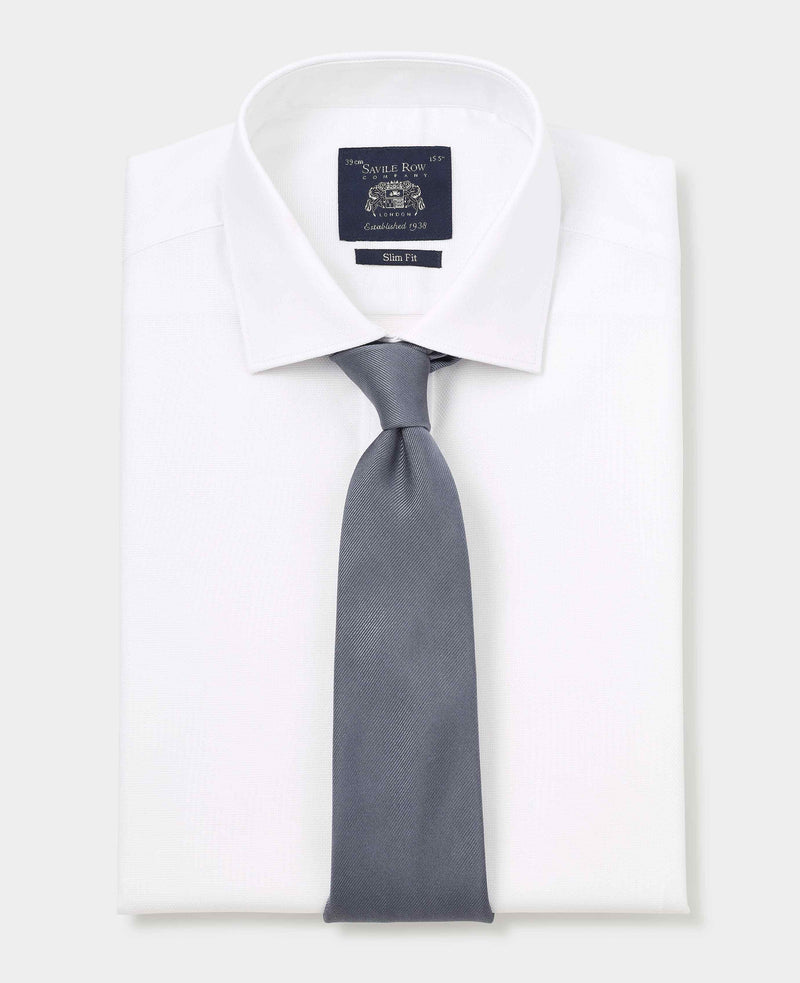 Men's White Textured Cotton Slim Fit Formal Shirt folded with tie