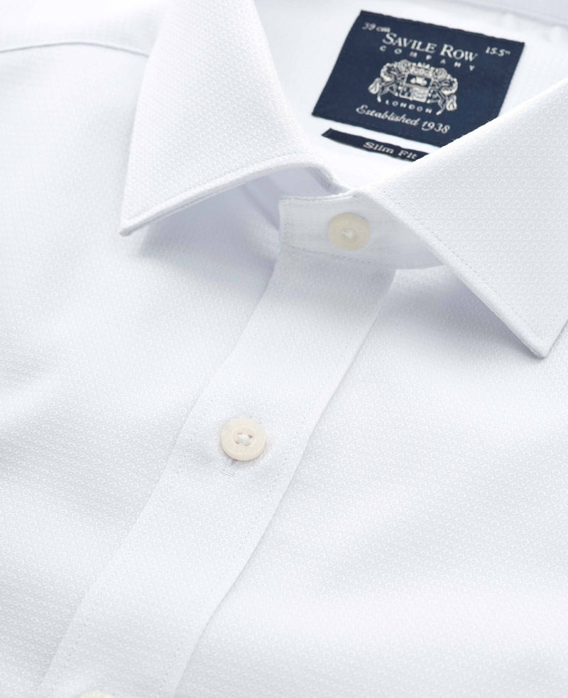 Men's White Textured Cotton Slim Fit Formal Shirt With Double Cuffs collar detail