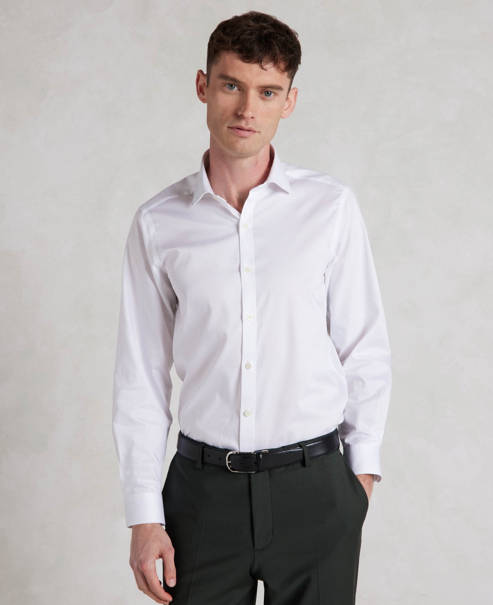 Men's White Twill Extra Slim Formal Shirt With Single Cuffs | Savile Row Company Men's White Twill Extra Slim Formal Shirt With Single Cuffs | Savile Row Company