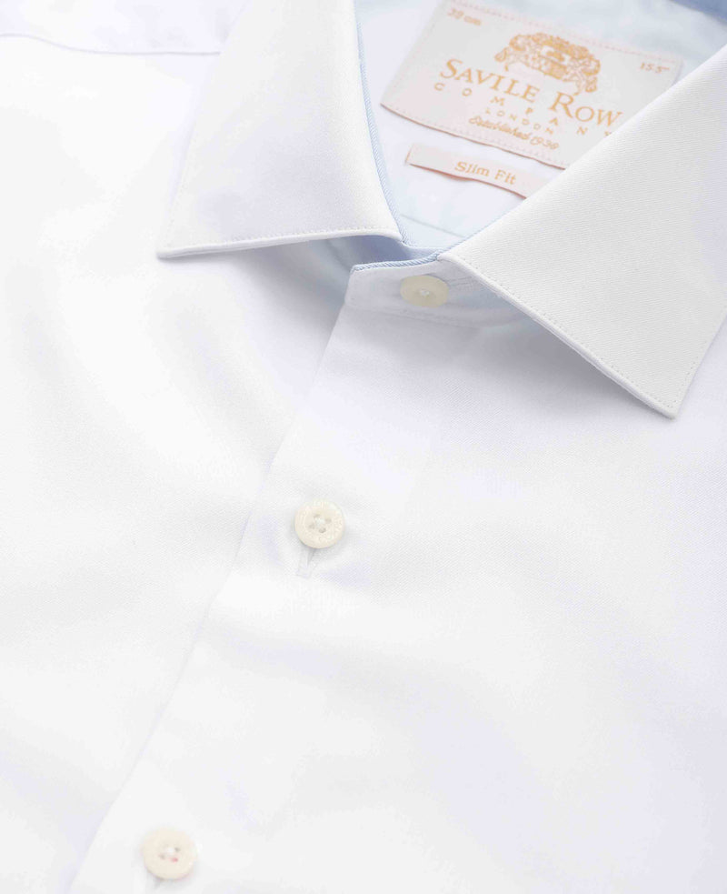 Men's White Two-Ply Cotton Slim Fit Formal Shirt With Single Cuffs collar detail