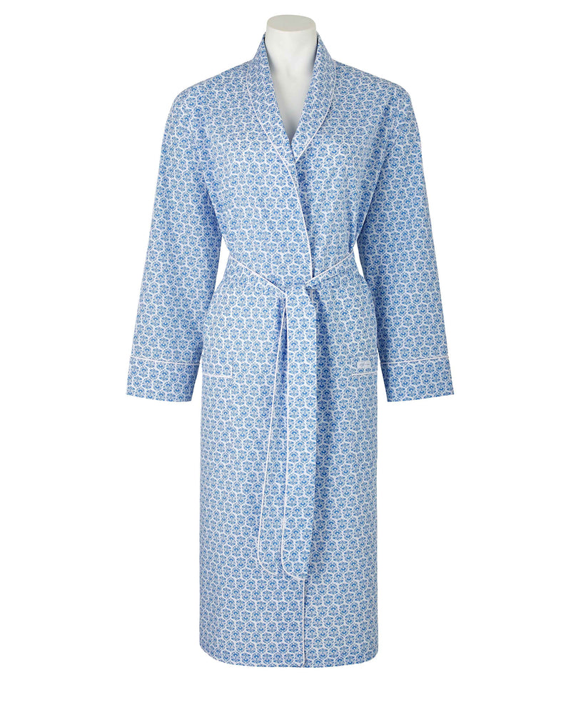 Women's Blue White Flower Print Dressing Gown -  LDG1001BLU