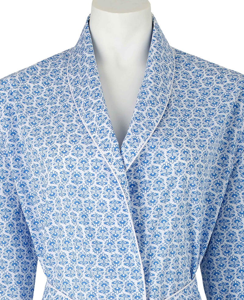 Women's Blue White Flower Print Dressing Gown - Collar Detail - LDG1001BLU