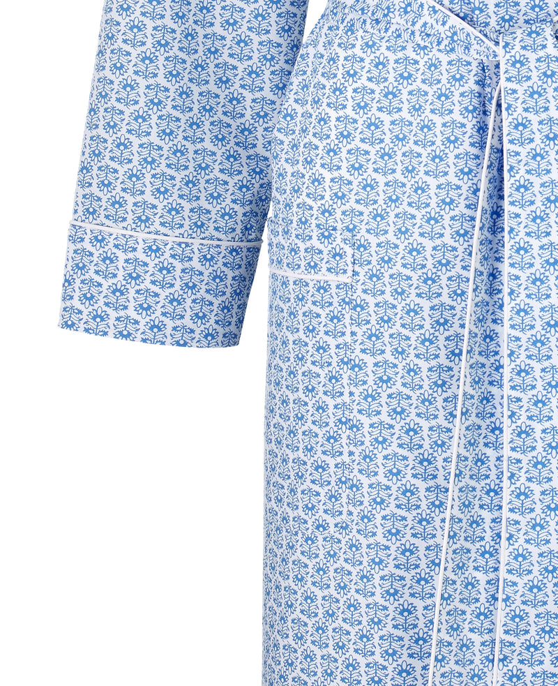 Women's Blue White Flower Print Dressing Gown - Cuff Detail - LDG1001BLU