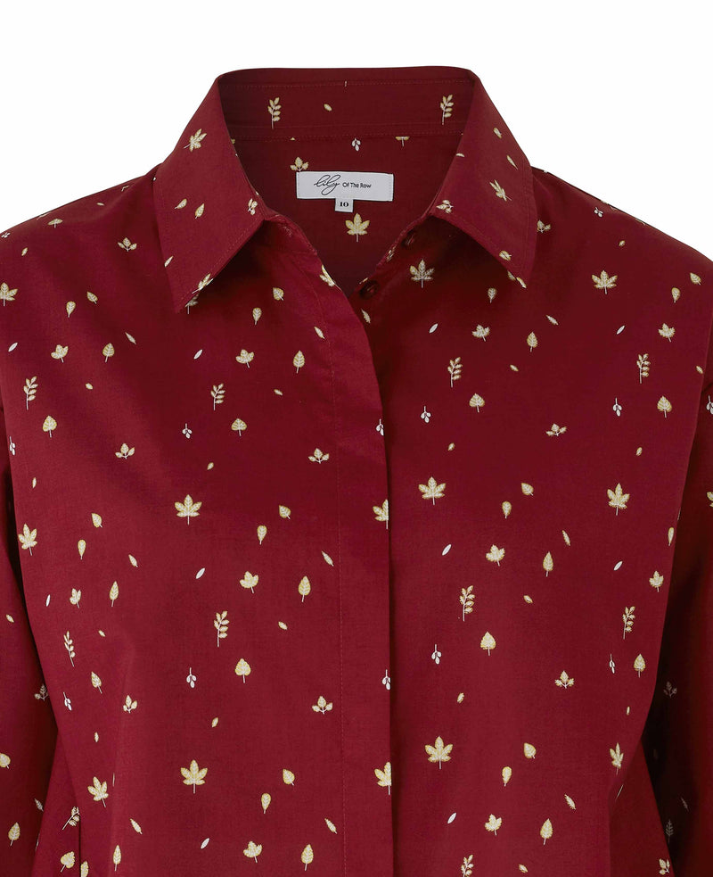 Women's Deep Red Leaf Print A-Line Shirt