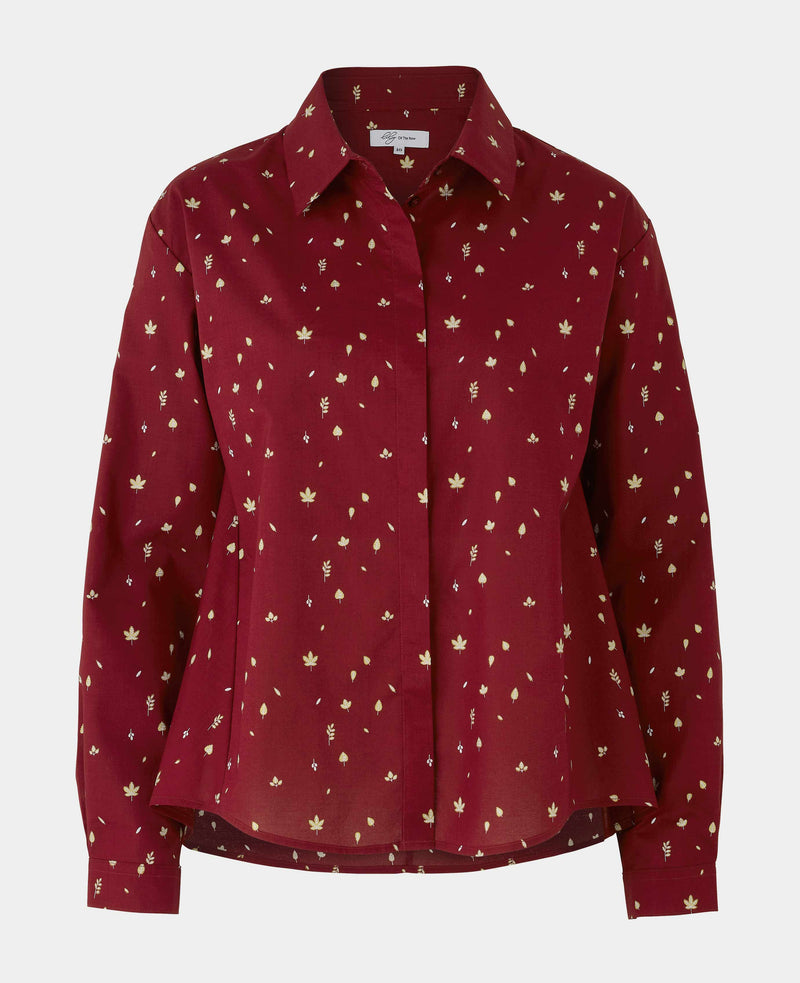 Women's Deep Red A-Line Leaf Print Shirt