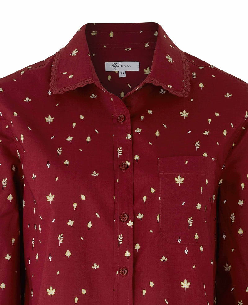 Women's Deep Red Leaf Print Semi Fitted Shirt