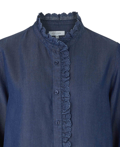 Women's Denim Blue Semi Fitted Frilly Shirt