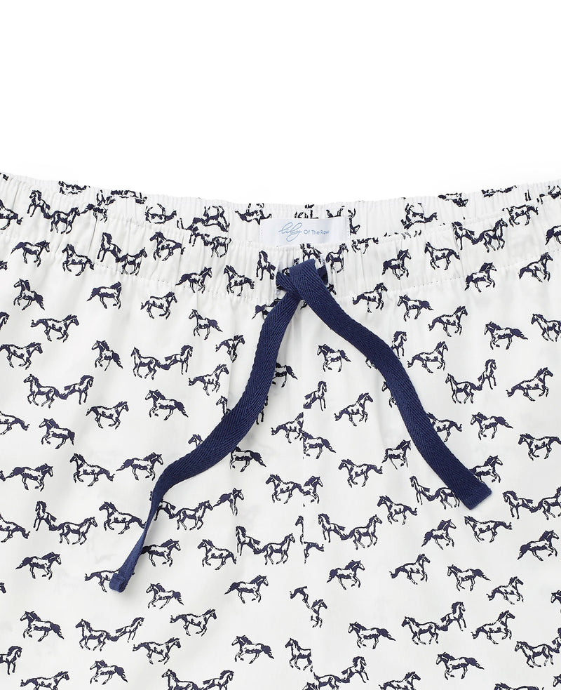 Women's Navy White Horse Print Lounge Shorts - Waist Detail - LLS1003NAV