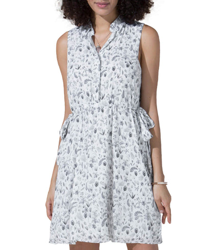 Women's White Black Botanical Print Sleeveless Dress