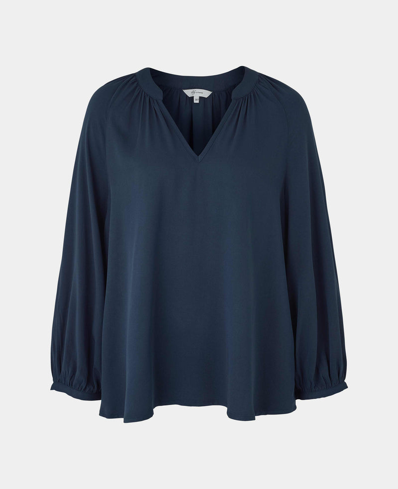 Women's Navy Viscose Twill Grandad Collar Shirt