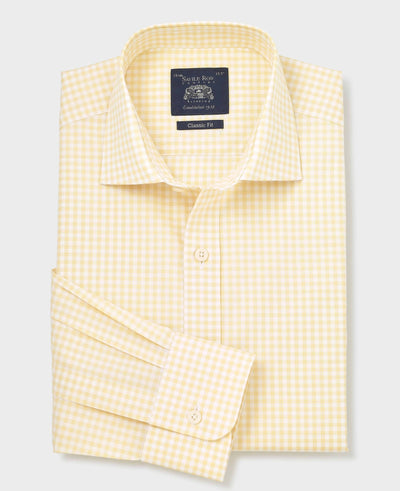 Yellow Cotton Poplin Gingham Check Classic Fit Formal Shirt - Single Cuff