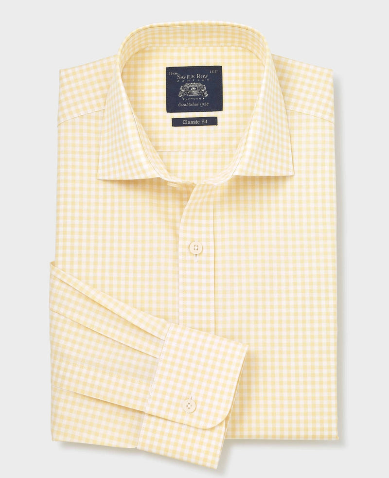Yellow Cotton Poplin Gingham Check Classic Fit Formal Shirt - Single Cuff